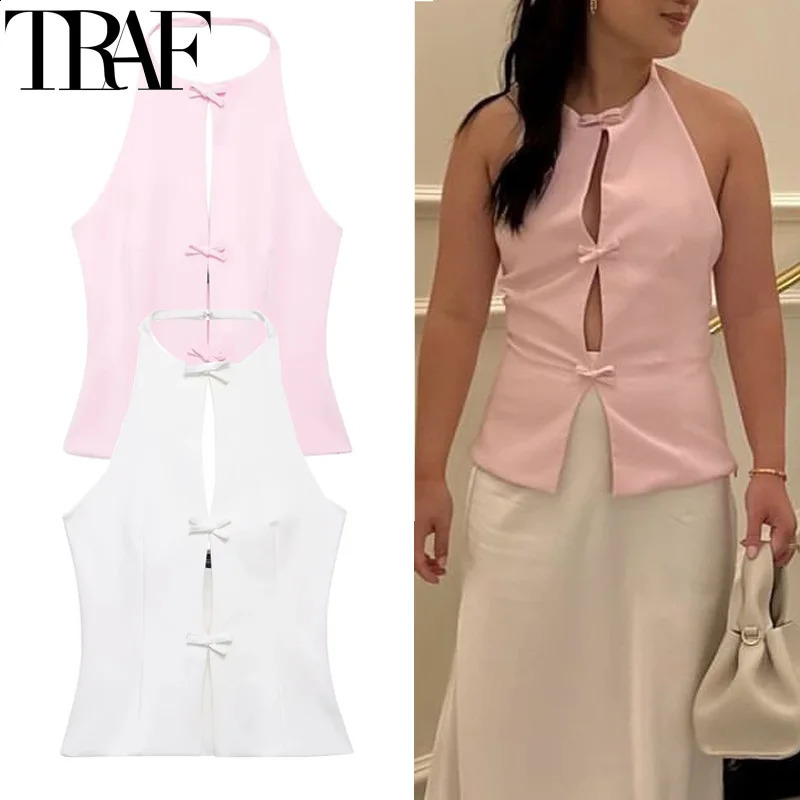 TRAF off shoulder spaghetti strap pink top for women short cut bow white summer backless sexy vest set Y2K party 240809