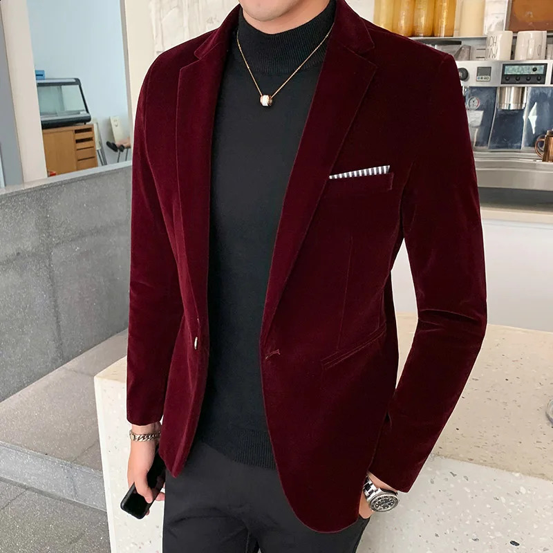 Mens wedding groom singer costume ultra-thin jacket formal dress Burgundy velvet jacket mens fashion casual suit jacket 5XL240809