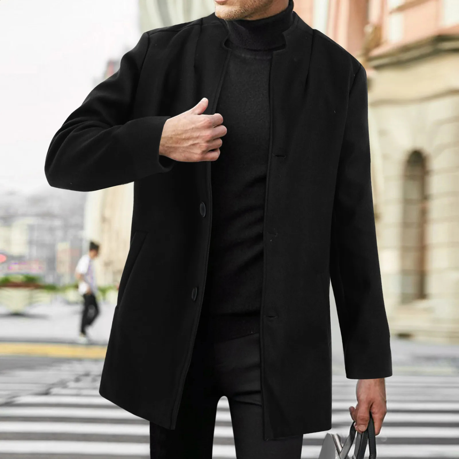 Mens autumn and winter wool jacket 2024 long sleeved stand collar single chest mens warm business 240809