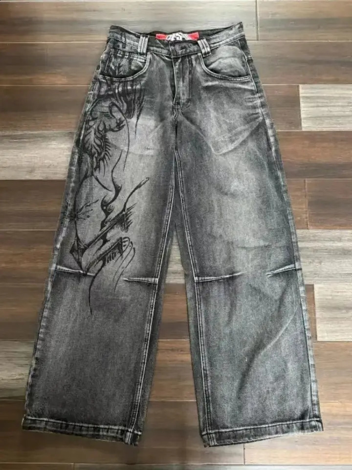 Retro printed mens clothing jeans street fashion hiphop washing harsh casual Harajuku bagged pants 240809