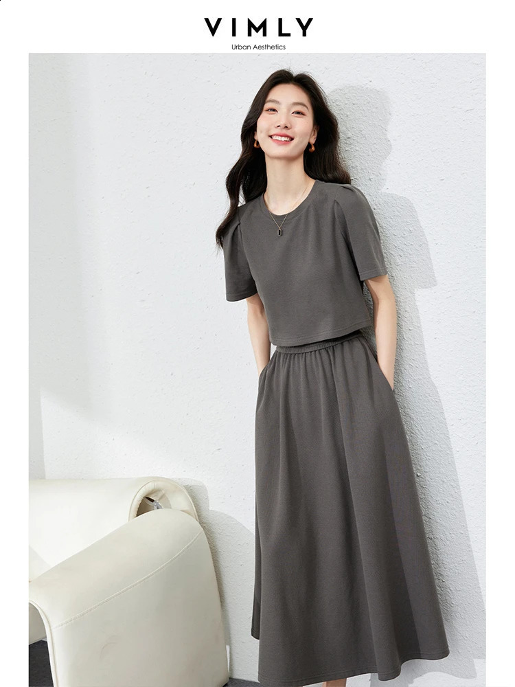 VIMLY Womens Summer Casual Solid Loose Set Two Piece Sets Short O-neck Blouse A-Line Skirt Set Women Sporty Outfits M7630 240810