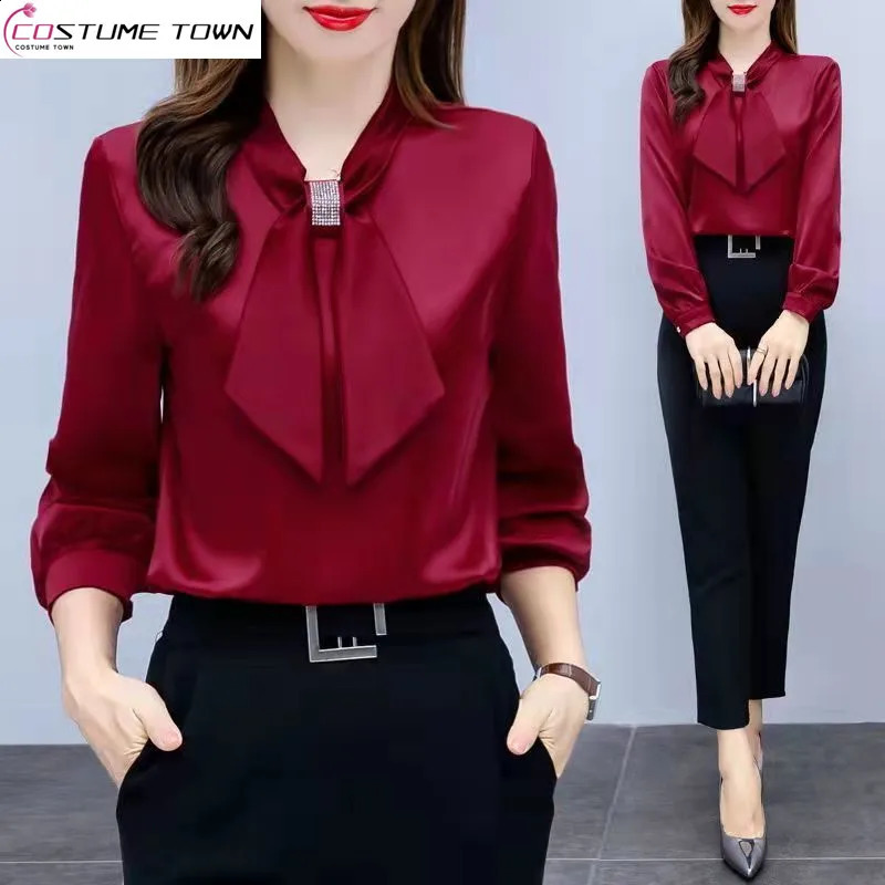 Spring and Summer Satin Shirt for Women 2023 Korean Fashion Gloss Top Bow Vneck Long sleeved 240809