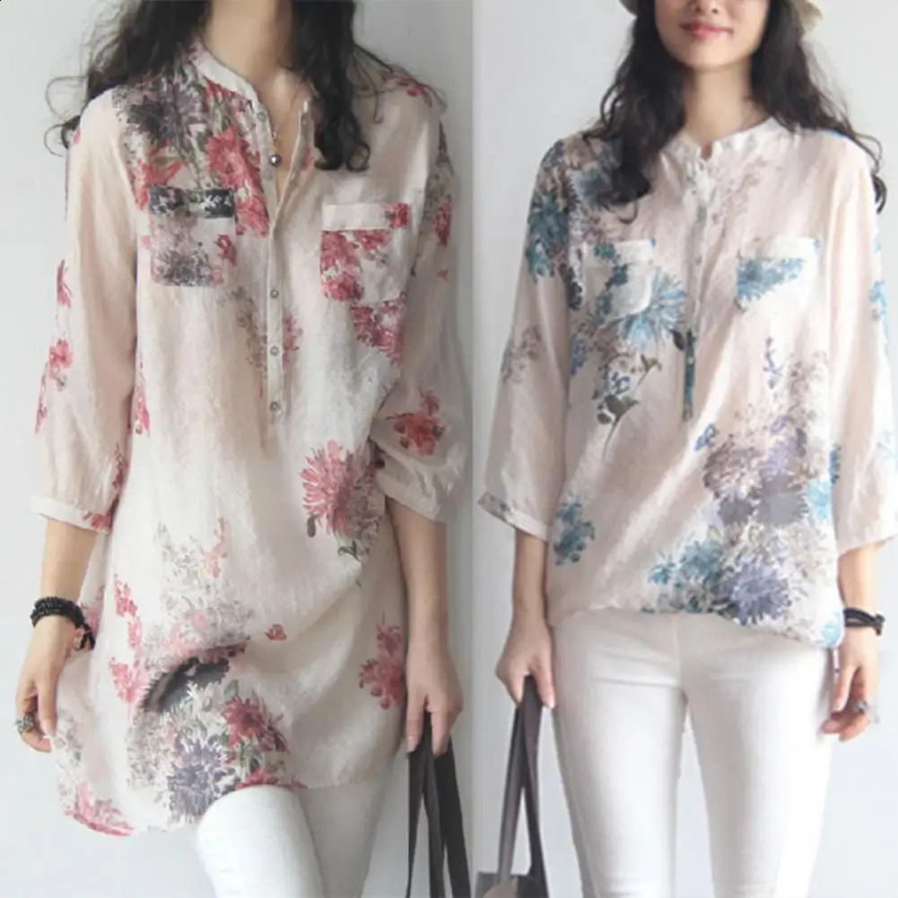 Collier de support de chemise décontractée d'été pour femmes 34 manche à imprimé floral bouton de poche à demi-longueur supérieure 240809