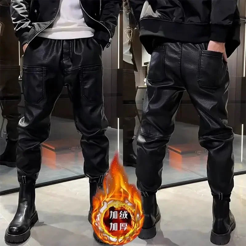 2024 Winter High end Trend Wool Thick Leather Pants Mens Waterproof Casual Six Pocket Bicycle Rider Shorts 240809