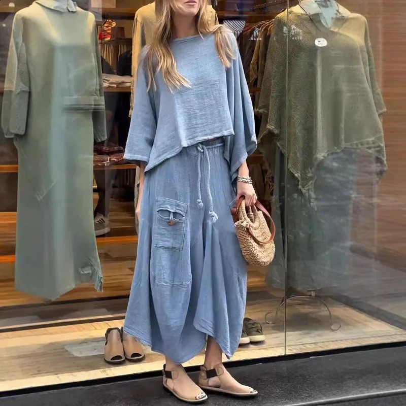 Casual Solid Cotton Linen 2 Piece Sets Women Spring O Neck Top Pullover Belted Irregular Skirt Outfit Fall 3/4 Sleeve Loose Suit 240810