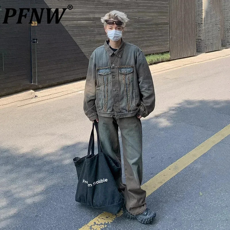 PFNW mens set molded dye denim jacket straight wide leg jeans retro wear washing twopiece autumn 28W3952 240809
