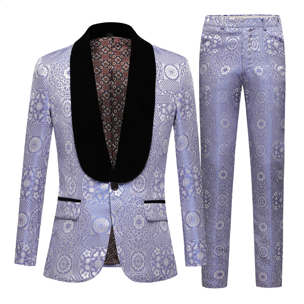 Blue Mens Black Velvet Lapel Suit for Wedding Groomsmen Blazers Slim Fit 2PCS Groom Tuxedos Outfit Costume HommeCoatPants240809
