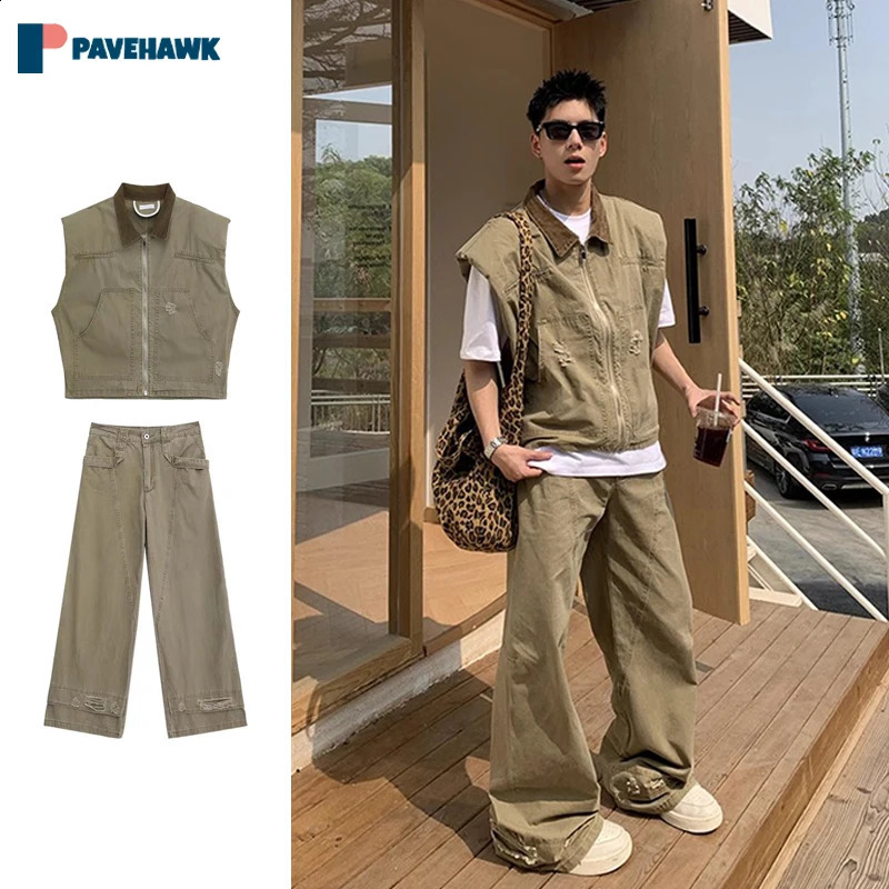 Street retro denim 2-piece set mens summer sleeveless vest jacket hole straight jeans mens loose wash 2-piece set set240809