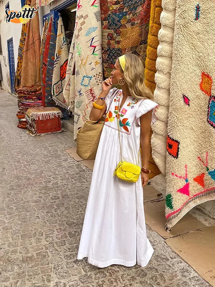 Femmes broderies imprimé volontaires sans manches maxi robes lâches en V Verre contrastant les robes plissées élégantes Robe de plage de vacances