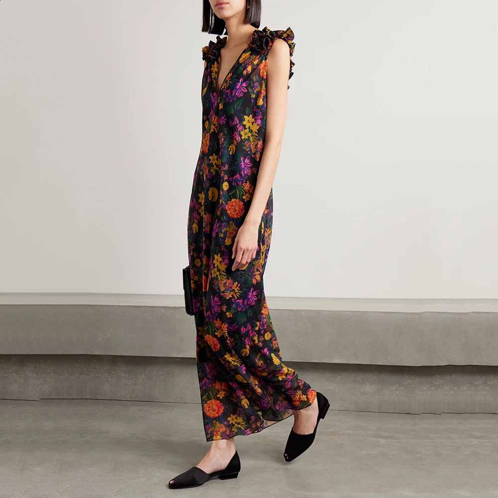 Womens V-Neck Sleeveless Long Dress Flower Decoration Printed Stereoscopic Slightly Sheer Y2K Fashion Spring 240810