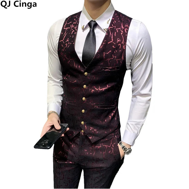 Gold button striped suit vest and pants 2-piece set mens blue-green red pants vest wedding party dress Trouser Waistcoat240809