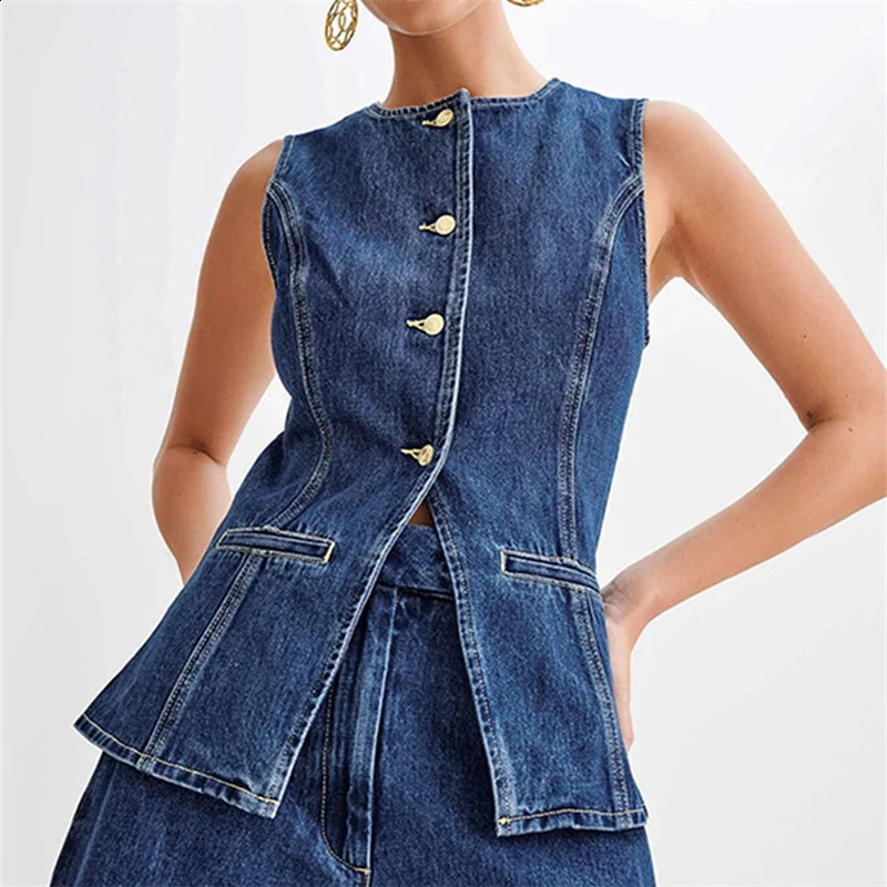Summer womens button up front denim vest top sleeveless Oneck single chest split Y2k retro 240809