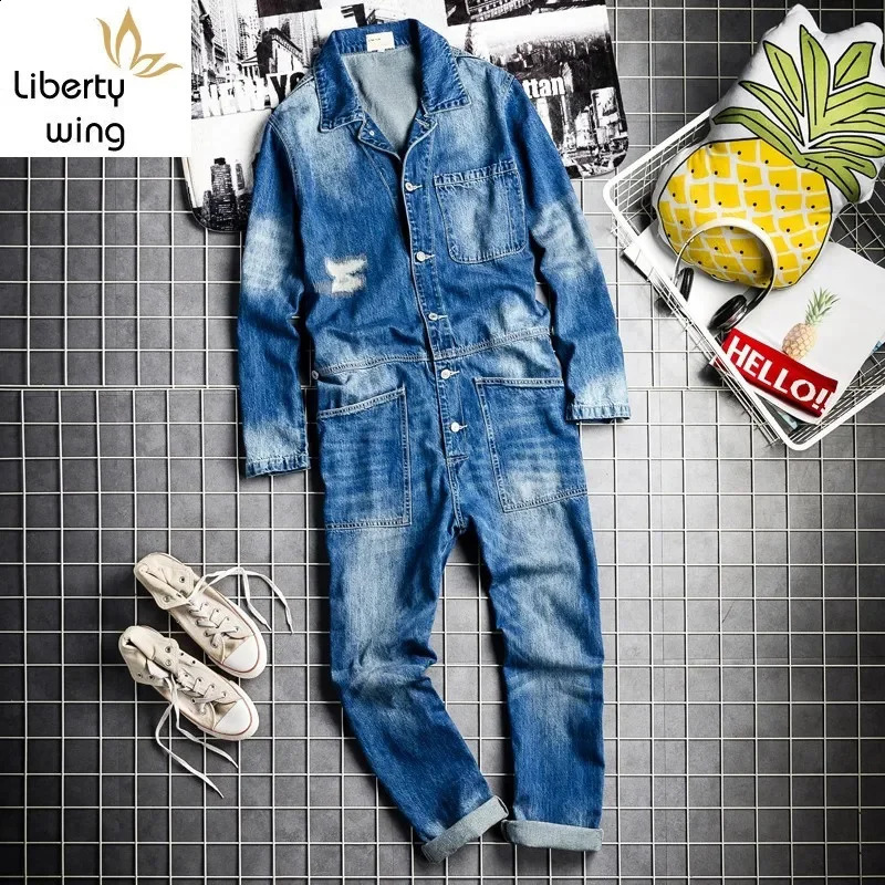 Fashionable mens long sleeved washed ripped jeans cargo bib cover hip-hop jumpsuit Harajuku streetwear jeans240809