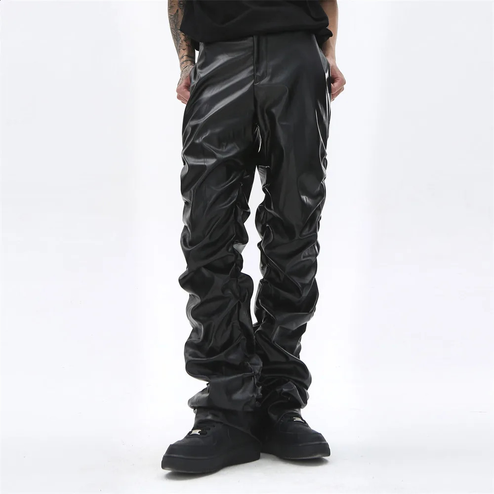 Pantalon en cuir PU plissé pour hommes harajuku rétro streetwear lâche occasionnel masculin couloir solide couleur noir 240809
