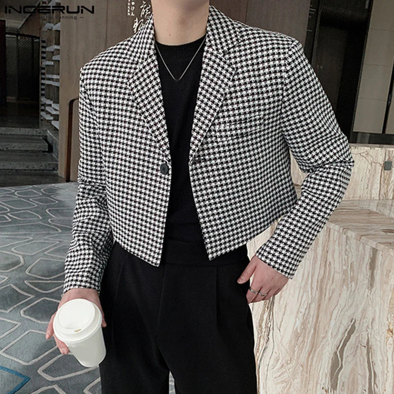 INCERUN Mens Plain Jacket Flip Collar Single Button Long Sleeve Casual Set Mens Street Clothing Spring 2024 Fashion Casual Crop Coat S-5XL240809