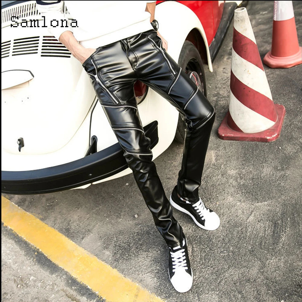 Samlona Spring Autumn Mens Artificial PU Leather Pants Large Tight Trouser Punk Style Multi Zipper Pantalon Dance 240809