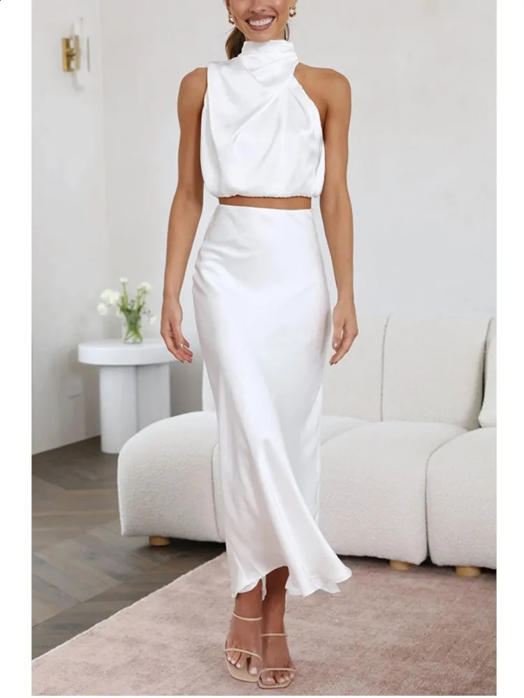 Ensemble de deux pièces pour femmes Satin Midi jupes longues sans manches épaule couleur unie sexy haut court a-ligne jupe ensemble 2 pièces 2408