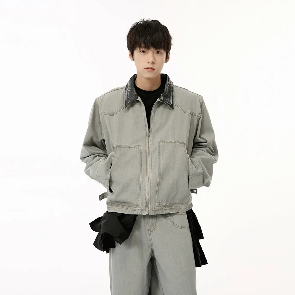 SYUGFA Mens 2024 Autumn Korean style Collar Splicing Work Short Denim Jacket Wide Leg Pants Two Piece Set 240809