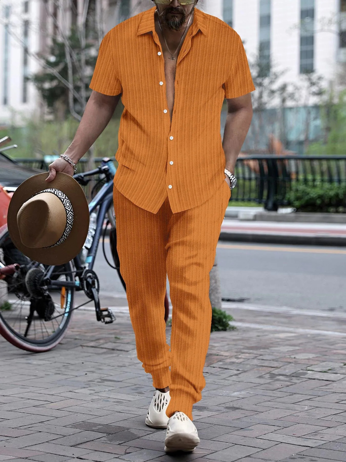 2024 Summer Thin Mens Casual Collar Solid Color Micro Elastic Shirt Loose Striped Short Sleeve Pants Beach Set 240809