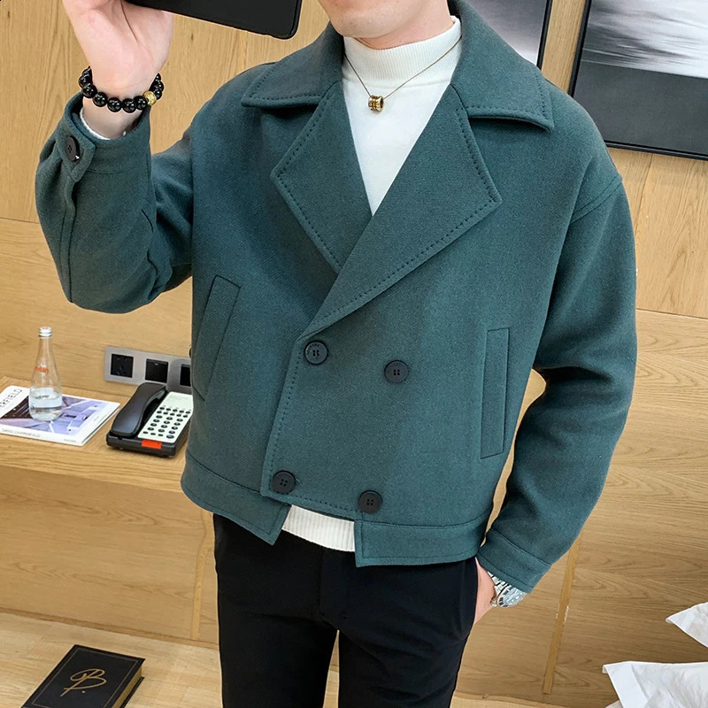 Mens windproof autumn thick wool blend trench jacket short sleeved loose Korean mens double chest woolen coat 240809
