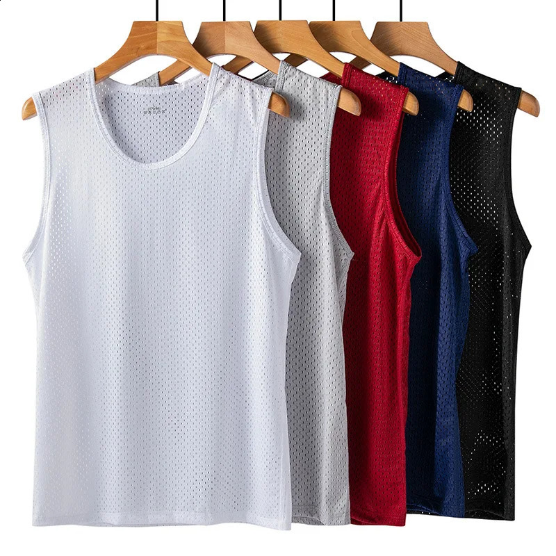 Ice silk mesh sports vest summer thin breathable comfortable top elastic running ultra-thin fitness mens sleeveless vest240809