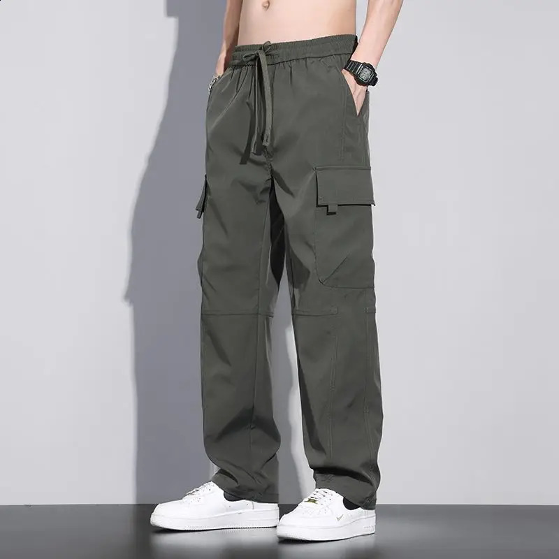 Spring and Autumn Solid Elastic Waist Casual Pants for Mens Clothing Straight Thin Style Loose Sport Fully Matched Unique Trouser240809