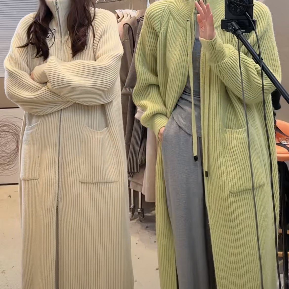 European Zipper Knitted Cardigan Sweater Jacket Womens Long Style Over the Knee Loose and Lazy Style Knitted Sweater Autumn and Winter Top Trend