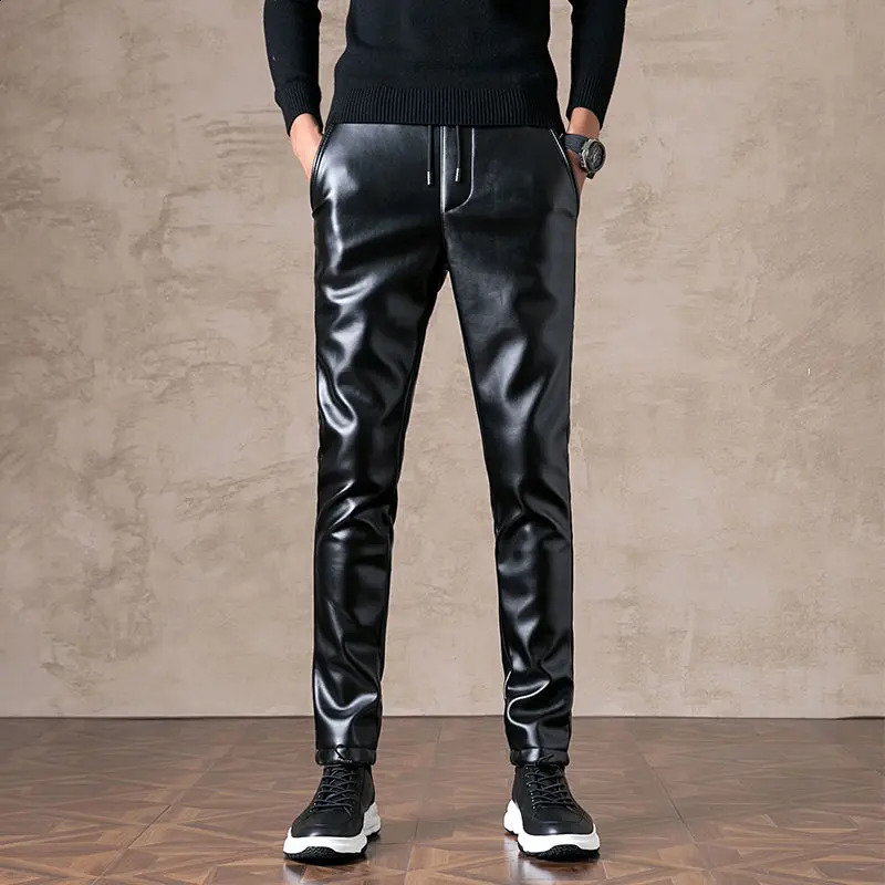 Autumn and winter leather pants mens waterproof windproof slim fit brushed Korean solid color motorcycle artificial 240809