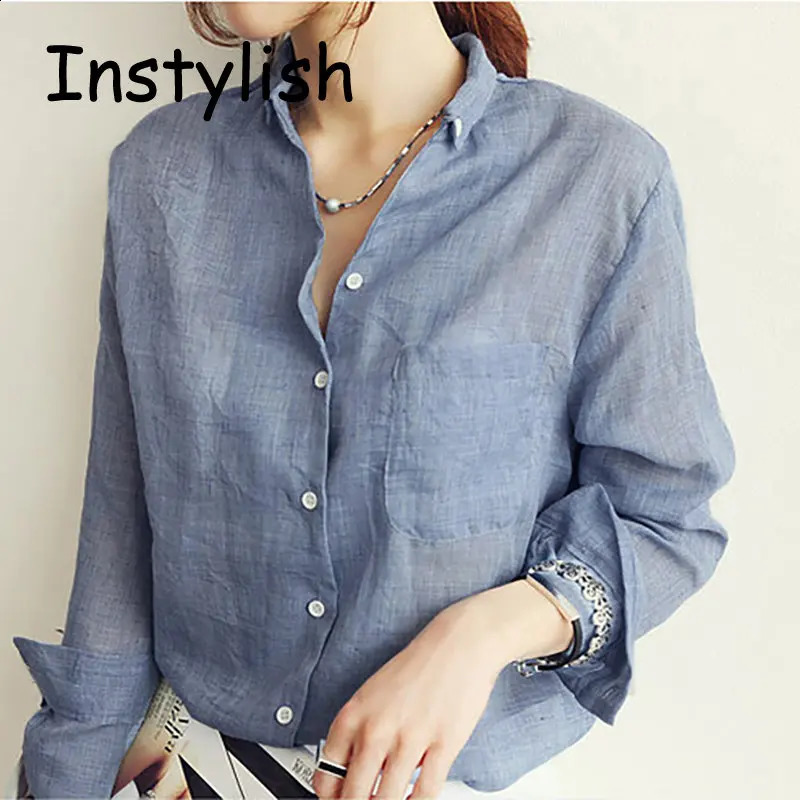 Womens autumn Korean Harjauku pure cotton linen shirt retro loose fit casual long sleeved top 240809