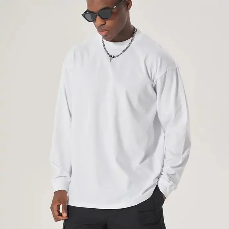 300GSM Heavyweight Autumn Long Sleeves T Shirt for Men 100%Cotton Plain Shirt O-Neck White Tops Oversized Mens Clothing 240810