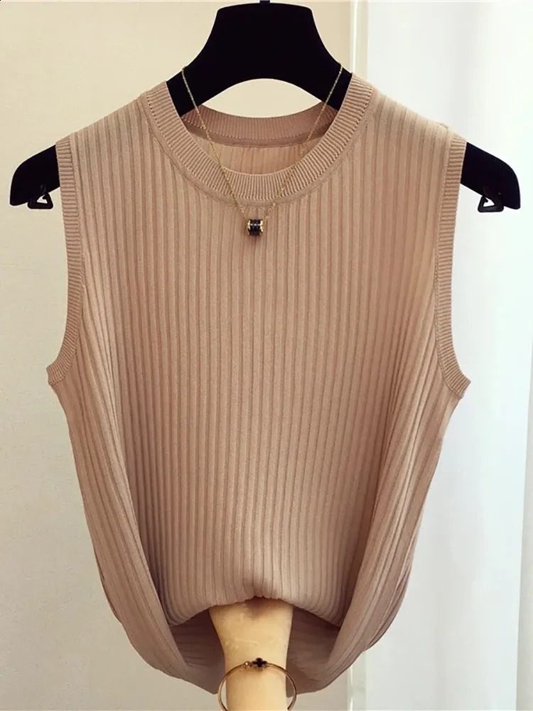 2024 Summer Spring Tank Top Womens Sleeveless Knitted Tshirt Elastic Ultra Thin Casual Vest Crop Camis Zipper Shirt 240809