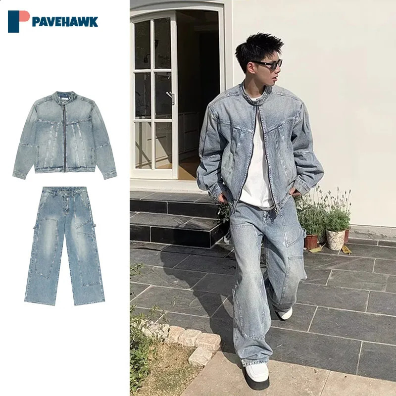Spring High Street Denim 2piece mens fashionable retro washed Distressed denim jacketloose straight jeans set 2024 240809