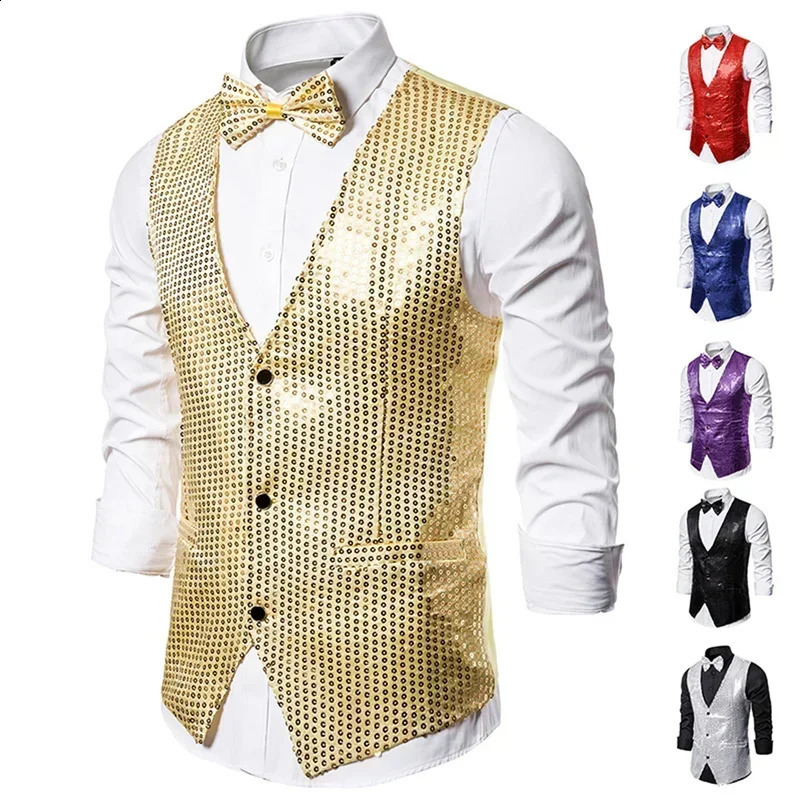 Mens sequin vest V-neck sleeveless performance dress jacket wedding pography clothing ultra-thin suit vest S-2XL240809