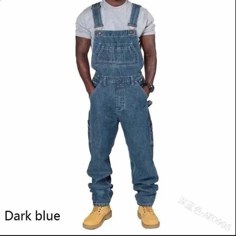 autumn mens winter mens denim Siamese style multi pocket loose solid color casual jeans freight Safari full jumpsuit240809