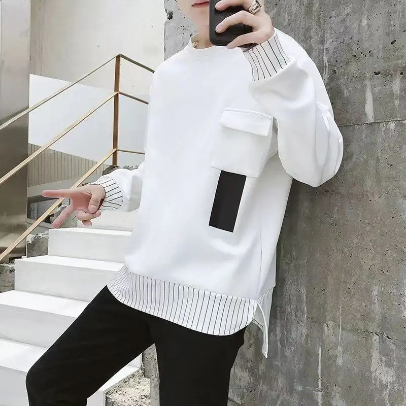 Spring and autumn fashion round neck long sleeved mens clothing sportswear patch work casual loose pull full matching trend top 240809