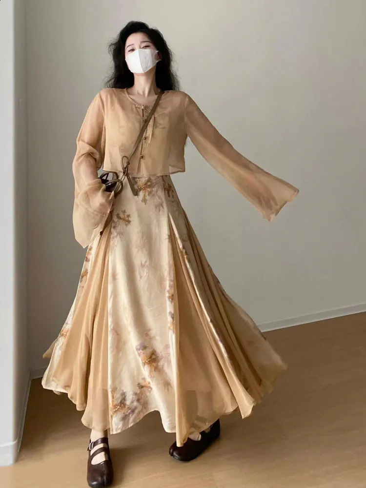 Retro 2pcs ensembles robe imprimée florale Femme Summer Square Collar Camisole Robe avec manteau Robe de soirée de fête plus taille 3xl 240810