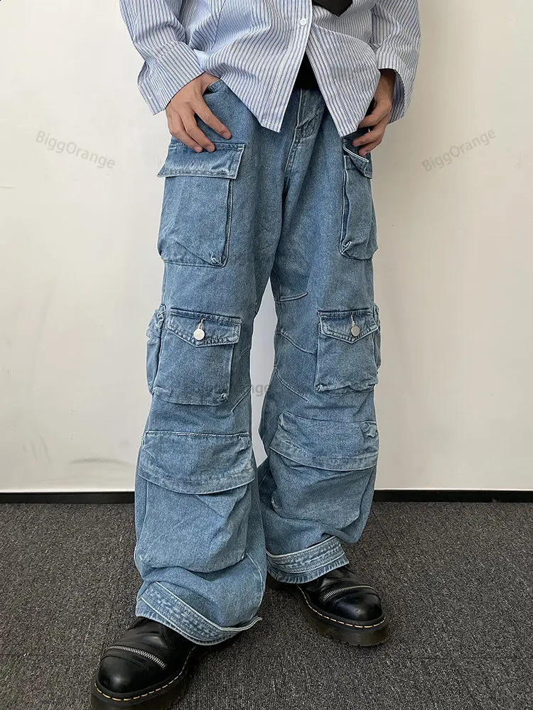 Y2K Style Multipocket Tooling Jeans Mens American Retro Street Harajuku Trousers Washed Mopping Pants Youth Clothing 240810