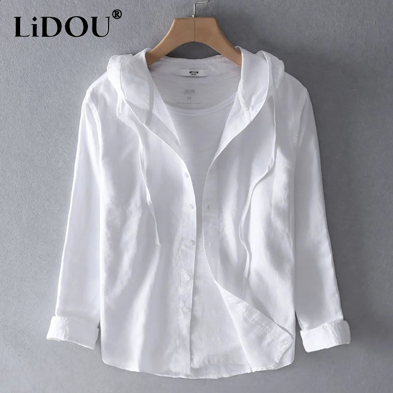 Spring Summer Solid Color Hooded Long Sleeve Cotton Hemp Shirt Man High Street Loose Casual Button All-match Cardigan 240810