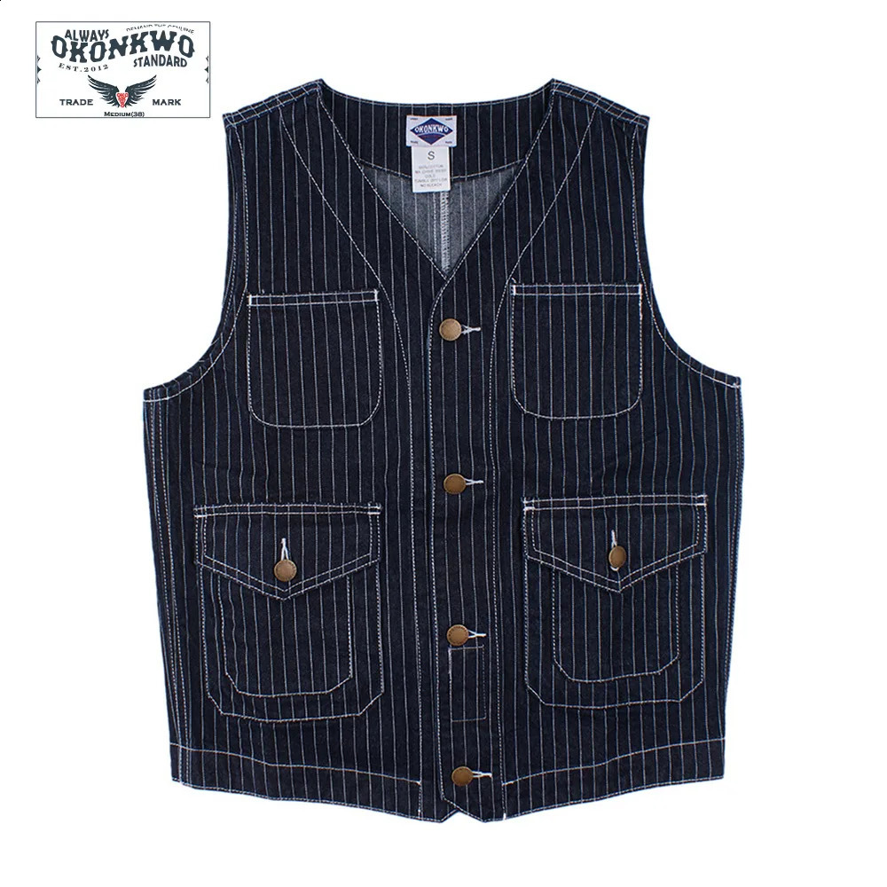Mens Classic Vertical Striped Denim Vest Amekaji Retro Multi Pockets Womens Workwear Vest American Vintage High Quality Y2k 240810