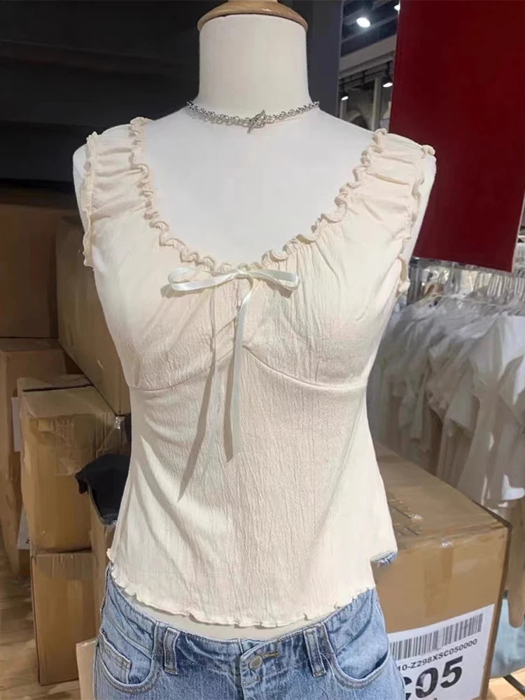 Sweet Beige Bow Tank Tops Women Vintage Ruffles V Neck Sleeveless Solid Slim Vests Summer Chic Cotton Crop Top Y2k 240810