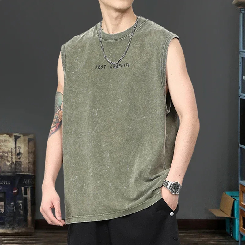 American Vest Personality Pattern Printed Vintage Washed Cotton T-shirt Summer Mens Sleeveless Oversized Clothes High Quality 240810