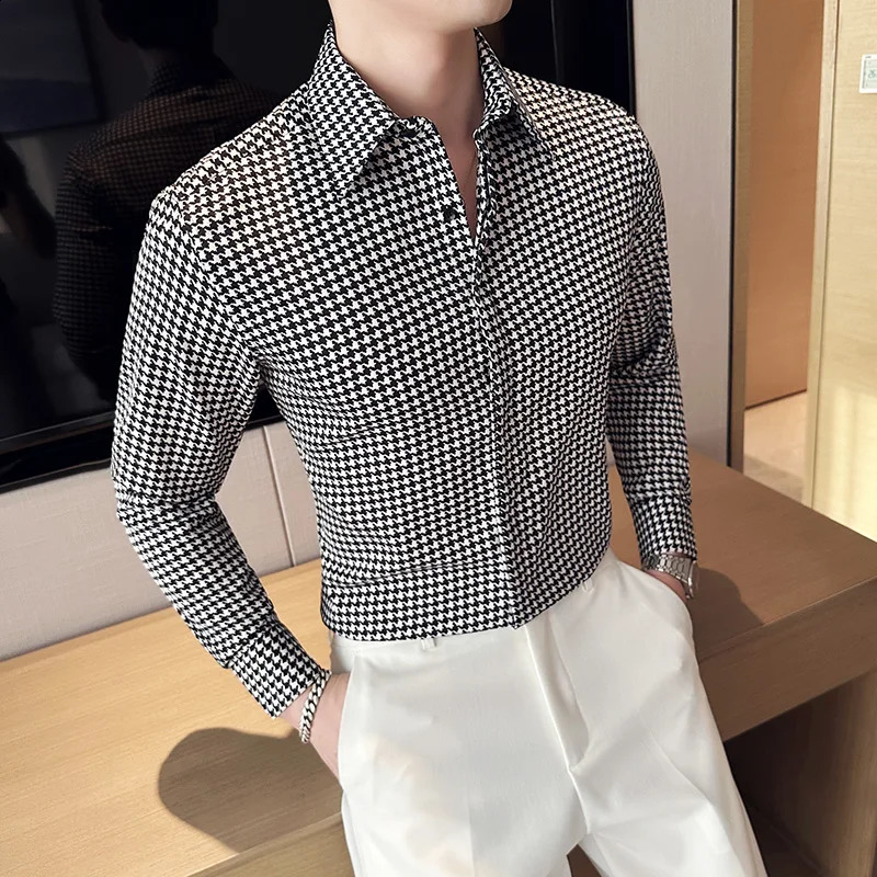 Mens formal social shirt solid color striped shirt button up top mens dress casual long sleeved mens street clothing S-3XL240810