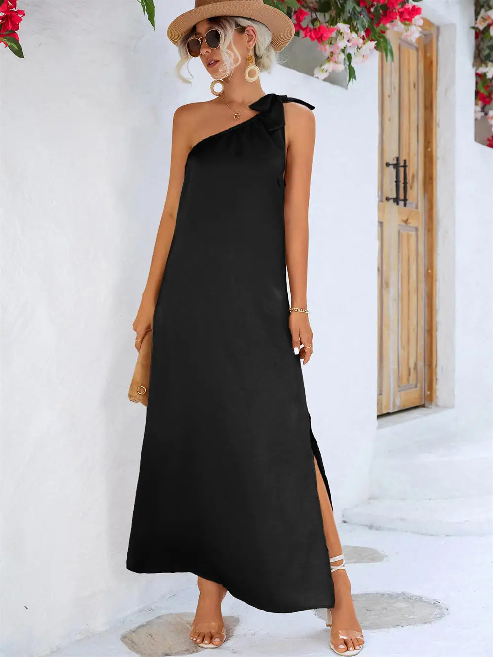 One épaule robe divisée lâche robe de longueur de cheville sans manches pour les vêtements pour femmes du printemps 240810