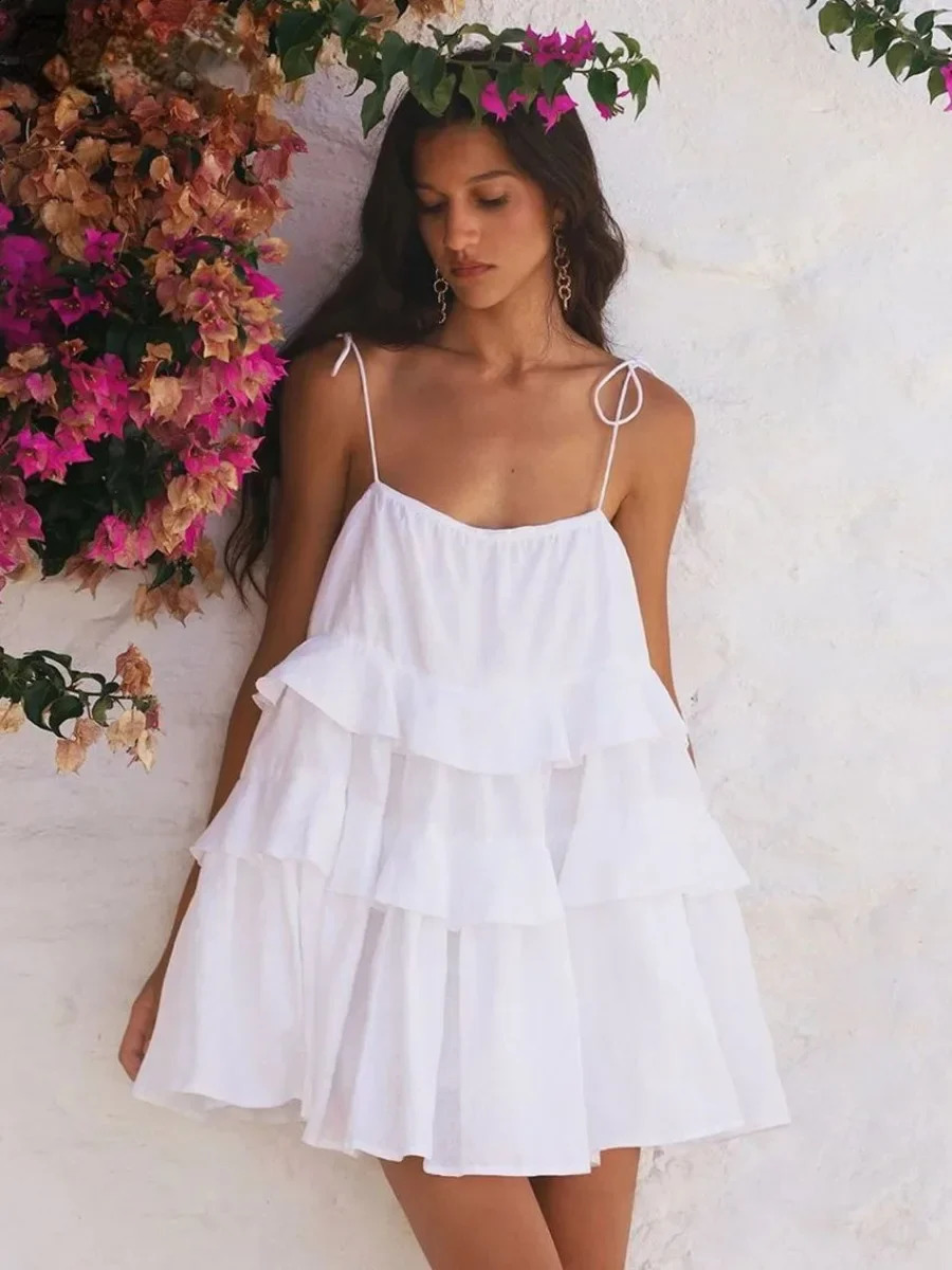 Wolfieel sexy lâche blanche 100% coton robe femme sangle d'été sans manches robes à volants classiques robe de plage féminine 240810