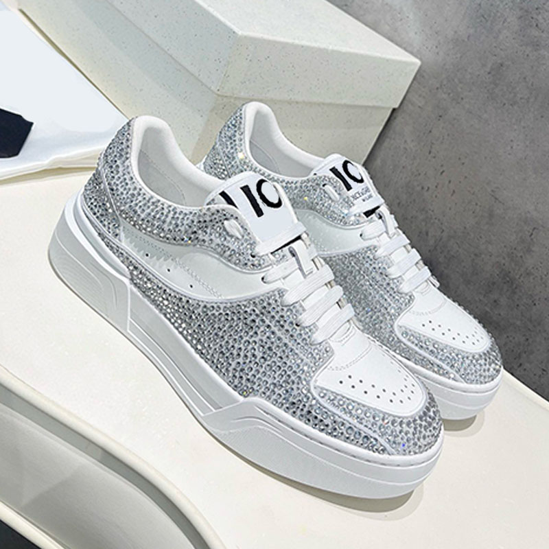 Women Men Designer Calfskin New Roma Sneakers Fusible Rhinestones luxury Top Quality Non Slip Ventilate Lace Up Flat Shoes Rubber Sole
