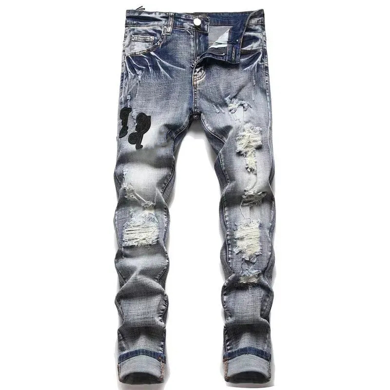 AM Shirts Men's Designer Jeans High Quality Streetwear Embroidered Pants Women's Ripped Patch Hole Denim Fashion Brand Slim Fit Ea4