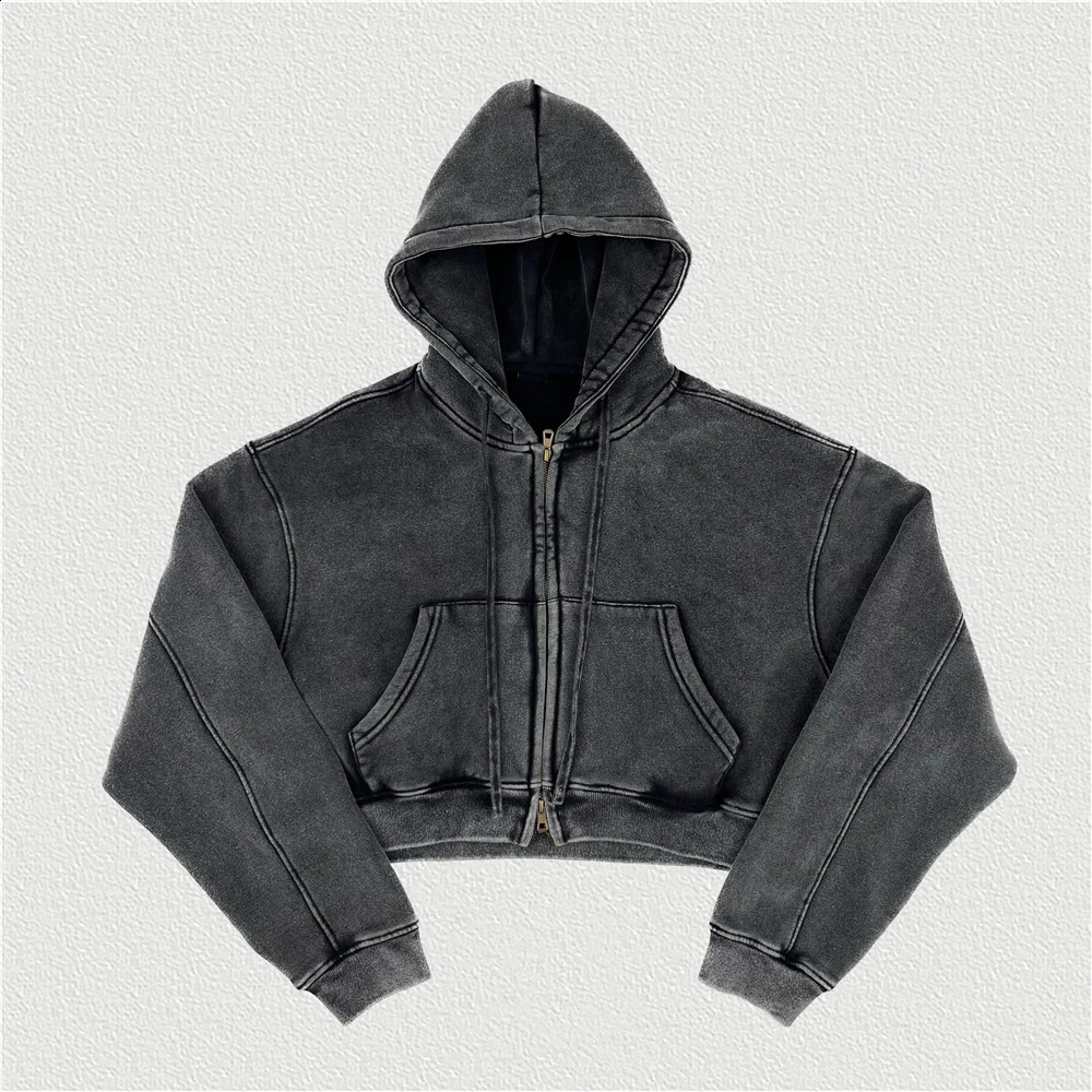Retro Winter Womens Oversized Ultra Short Zipper Hoodie Womens Thick Wool Hoodie 355gsm240810