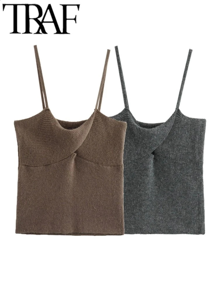 TRAF GAL Summer Women Knitted Camis Hollow Out Knot Front Sleeveless Backless Spaghetti Strap Tanks Slim Crop Top Y2K 240810