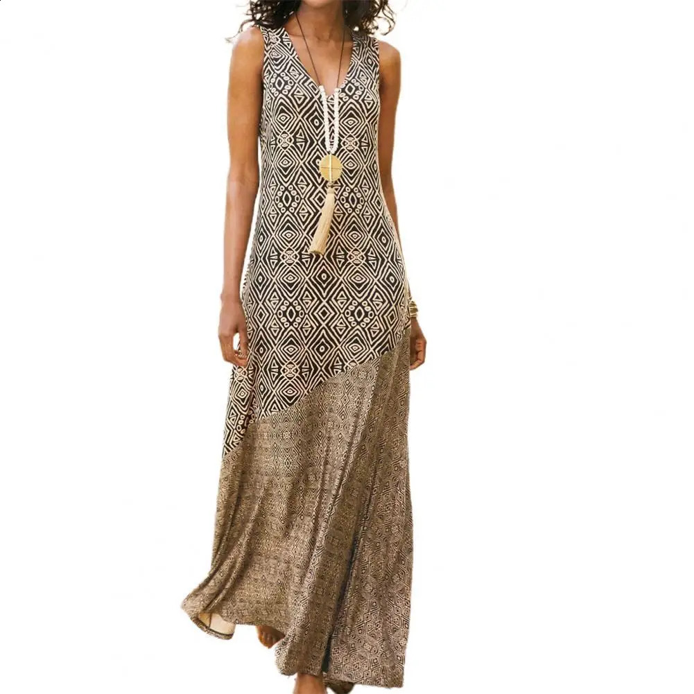 Robe lâche robe vintage Géométrique Imprime en V Robe sans manche pour plage 50% 240810