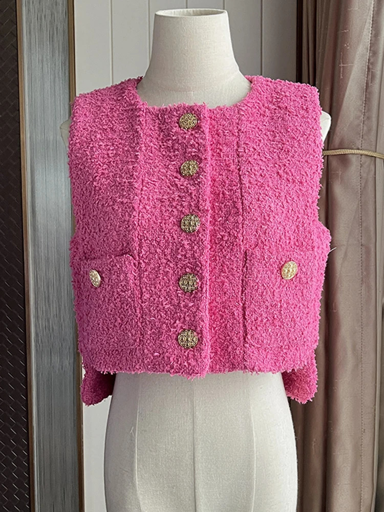 Small Fragrant Summer Tweed Korean Fashion Elegant O-neck Sleeveless Coat Wool Jackets for Women Pink White Vest Femme 240810